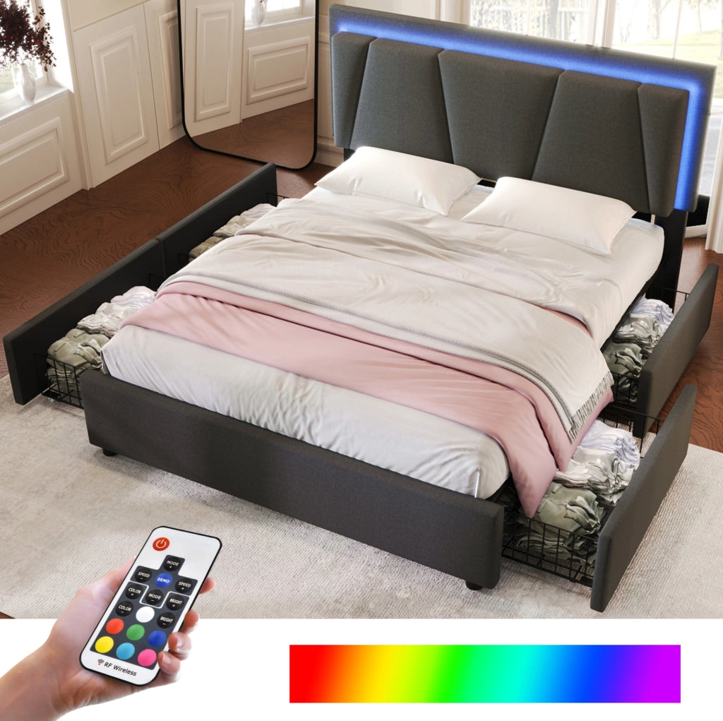Letto matrimoniale 160x200 cm con LED, 4 cassetti e materasso