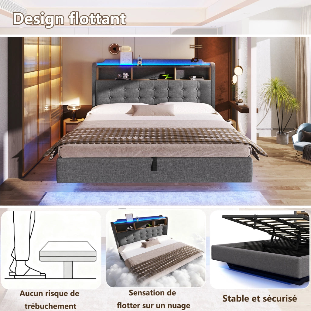 Letto matrimoniale contenitore 180x200 cm effetto sospeso con LED; testiera portaoggetti; USB e USB-C; lino grigio