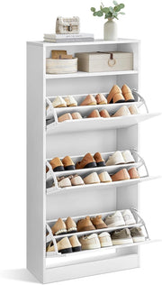 VASAGLE Scarpiera a 3 Ante a Ribalto, Scaffale Portascarpe, Scomparto Aperto, Divisorio Regolabile, 14-18 Paia, per Piccoli Ingressi, 24 x 60 x 139 cm, Bianco Nuvola LBC046W01