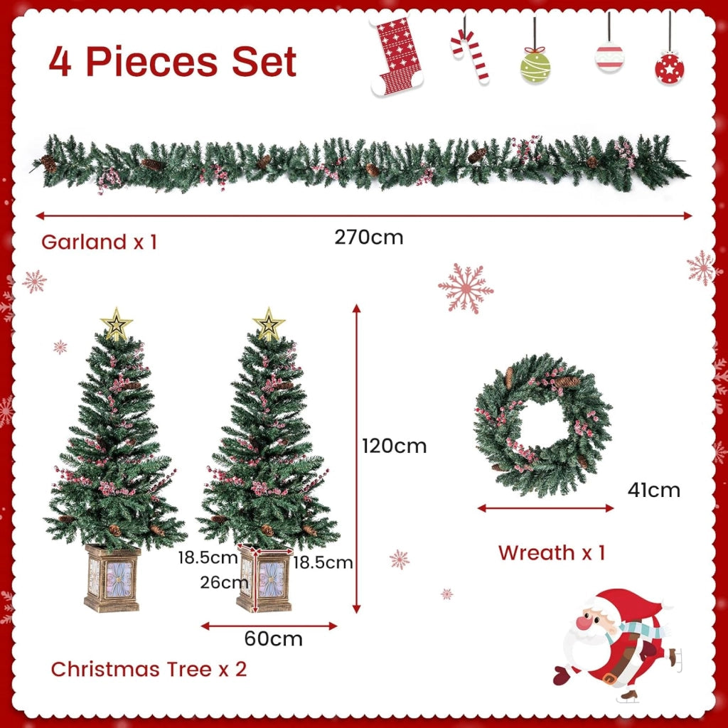 Set Natalizio 2 Alberi Artificiali di Natale da 120 cm in Vaso e Ghirlanda Natalizia di 270 cm, Mini Alberi e Ghirlande Decorate