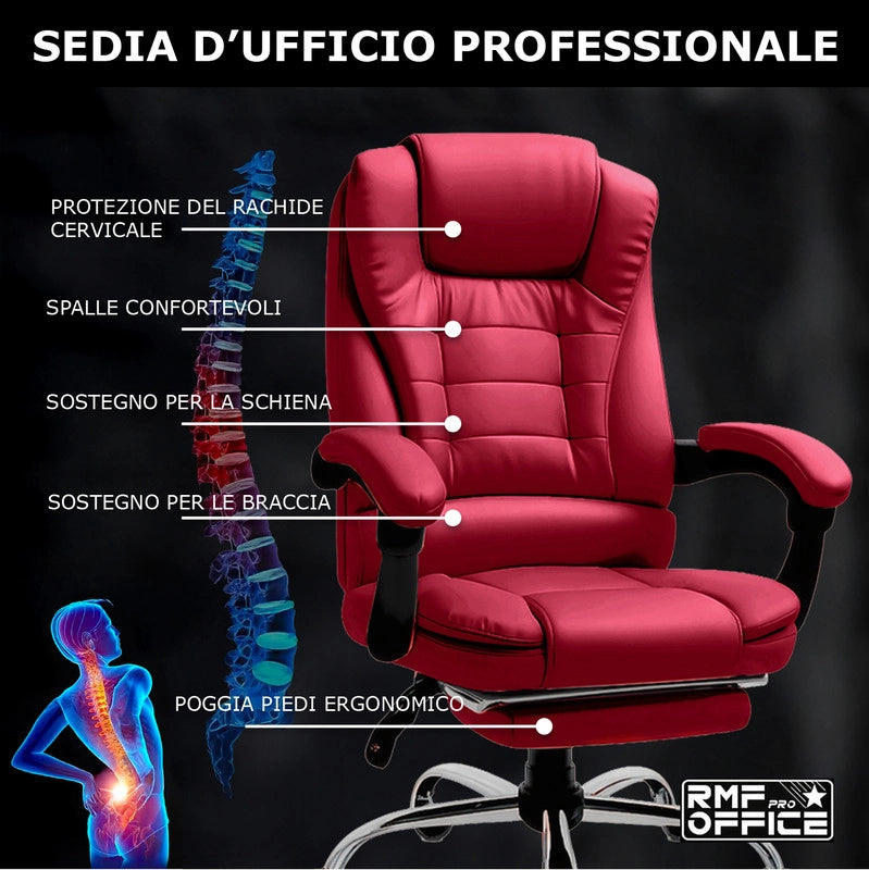 SEDIA DA UFFICIO ERGONOMICA RECLINABILE REGOLABILE IN ALTEZZA CON POGGIA PIEDI ROSSA
