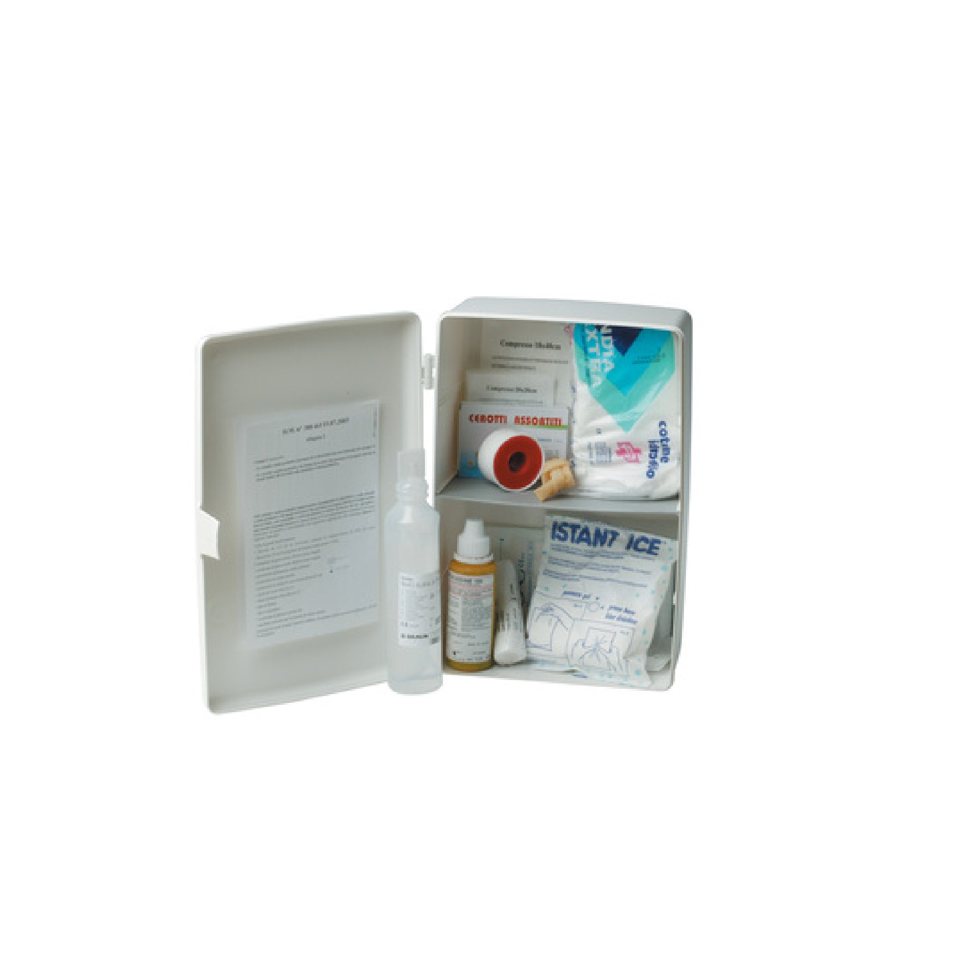 Armadietto pronto soccorso D.L.81/08 garze cerotti ghiaccio guanti forbici