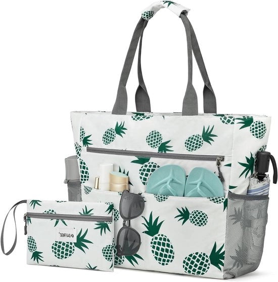 Borsa da spiaggia grande impermeabile e resistente al sabbia per donne con tasca make-up e tasca con cerniera