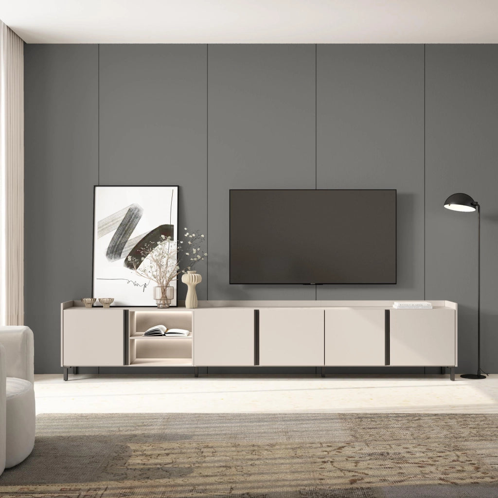 Mobile TV Soggiorno, 309x61x35 cm, Per TV fino a 80", Design industriale, LED, Beige