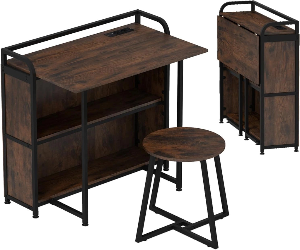 Scrivania per Computer con Piano Pieghevole e Stazione di Ricarica, 2 Ripiani Portaoggetti e Sgabello Rotondo, 90 x 55 cm, Ideale per Studio, Camera da Letto e Sala da Pranzo