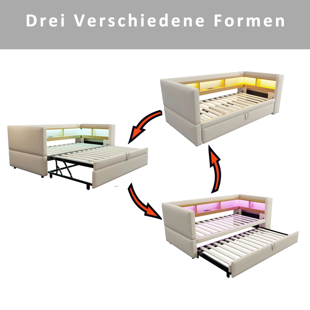 Letto divano estraibile in flanella beige 90/180x190 cm