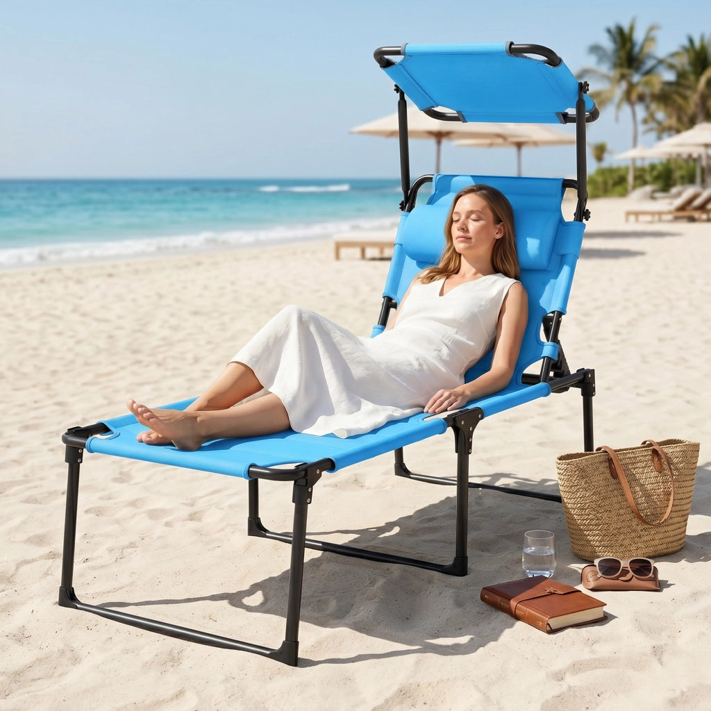 Tumbona da giardino con braccioli e ombrellone regolabile ¨C zephmum ¨C azzurro 70x200x45 cm