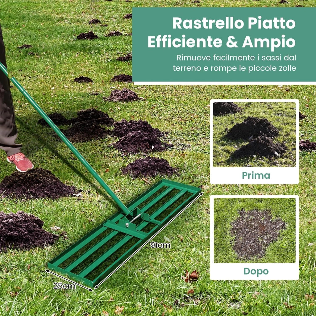 Rastrello Livellatore per Prato, Attrezzo per la Livellatura del Prato con Manico Ergonomico, Livellatrice per Giardino, Cortile, Campo da Golf, Fattoria e Pascolo (Verde 91 x 25 cm)
