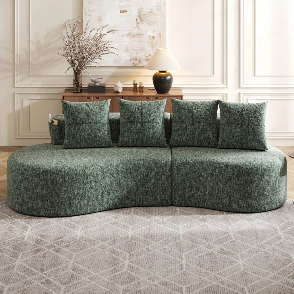 Divano in lino con portabicchieri tasche laterali e 4 cuscini imbottitura in schiuma verde 240 × 109 × 63 cm