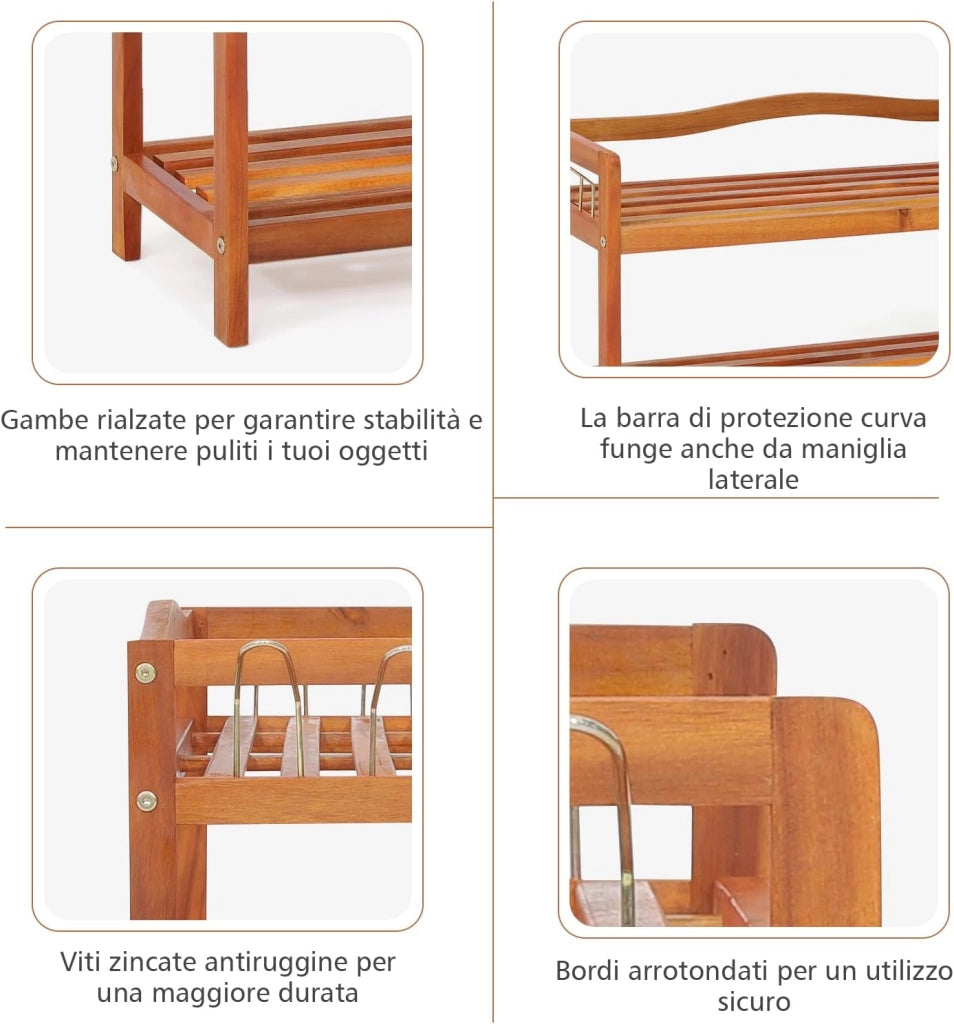 Scarpiera a 2 Livelli, Scaffale per Scarpe in Legno di Acacia Solido con Ganci Laterali in Metallo, Contiene 12 Paia, Capacità di Ogni Ripiano 20 kg, 74 x 26 x 42 cm (3 Livelli)