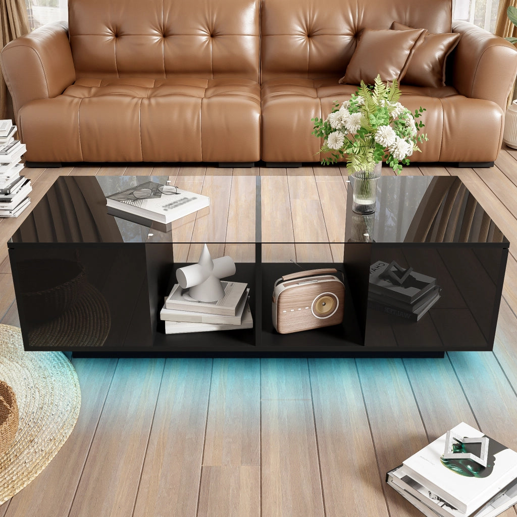 Tavolino da salotto con 2 Ante e LED; Piano in Vetro; Finitura Lucida e Opaca; in Legno; Nero