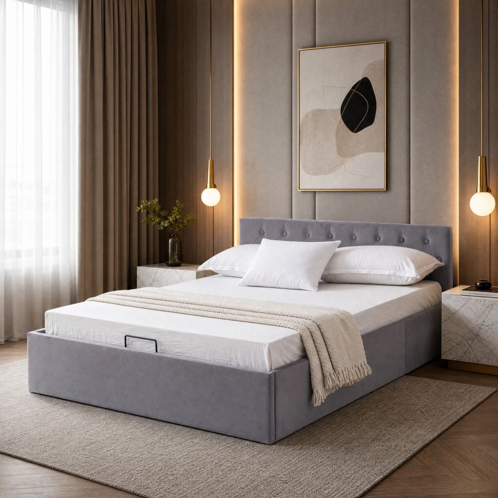Letto matrimoniale in velluto grigio 140x200 cm con testiera capitonné e contenitore idraulico