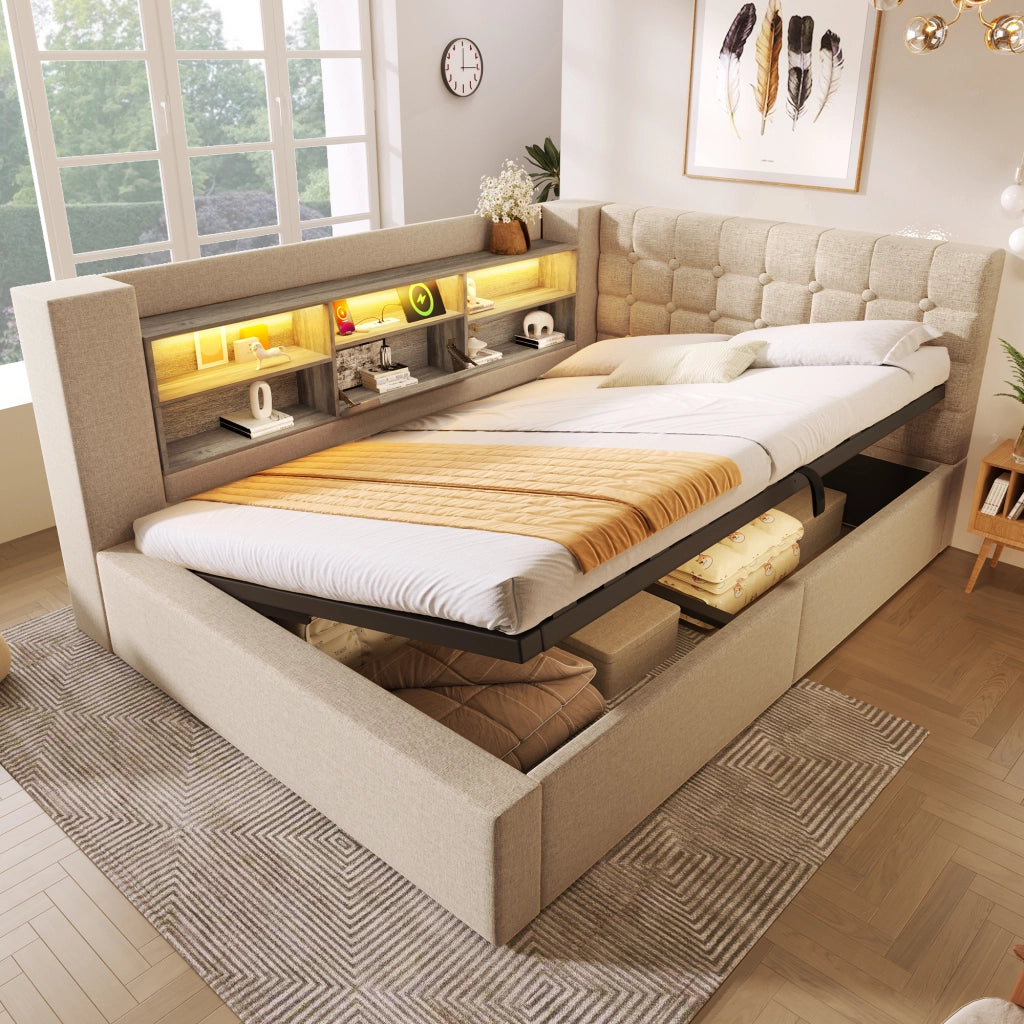 LETTO 140x190 cm in lino beige con LED, USB e testiera L reversibile