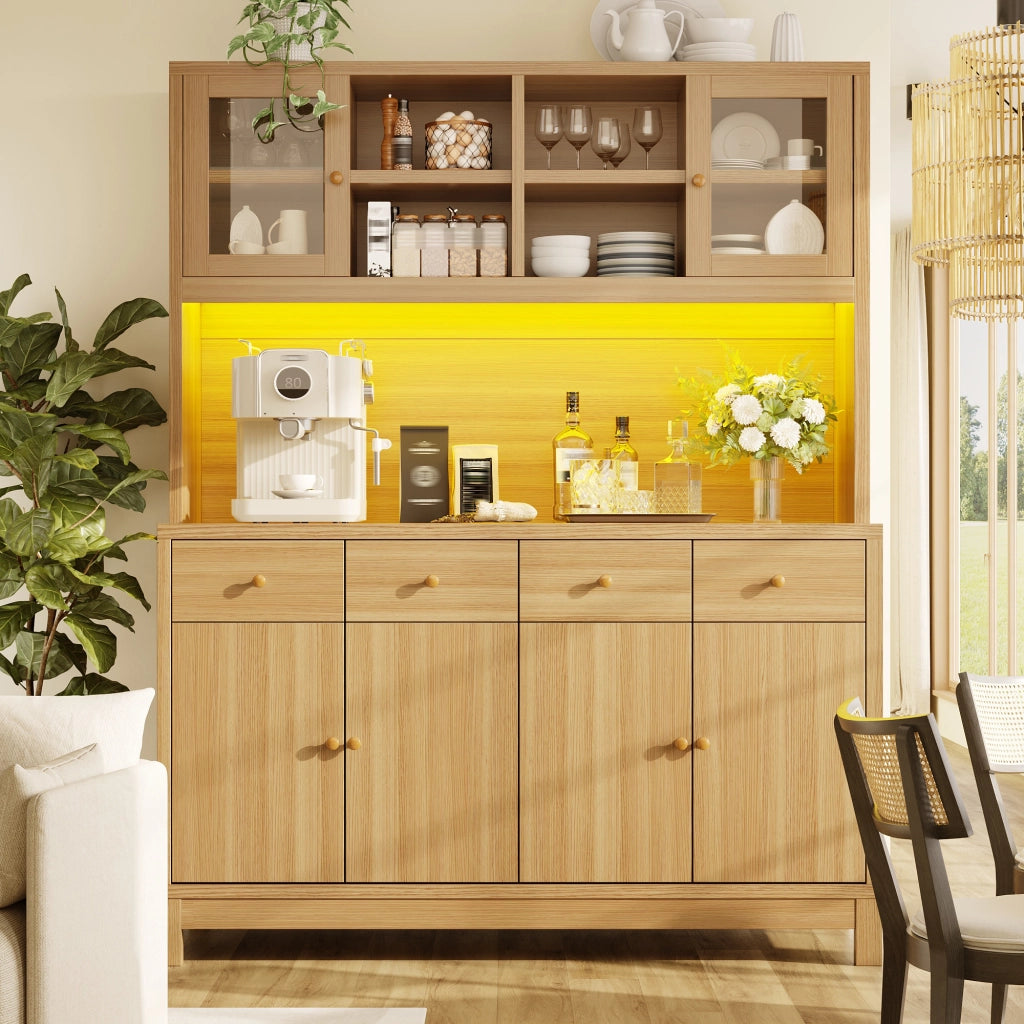 Credenza alta con LED RGB, ante in vetro, 4 cassetti e ripiani regolabili, in MDF effetto legno, 140 × 38,5 × 180 cm
