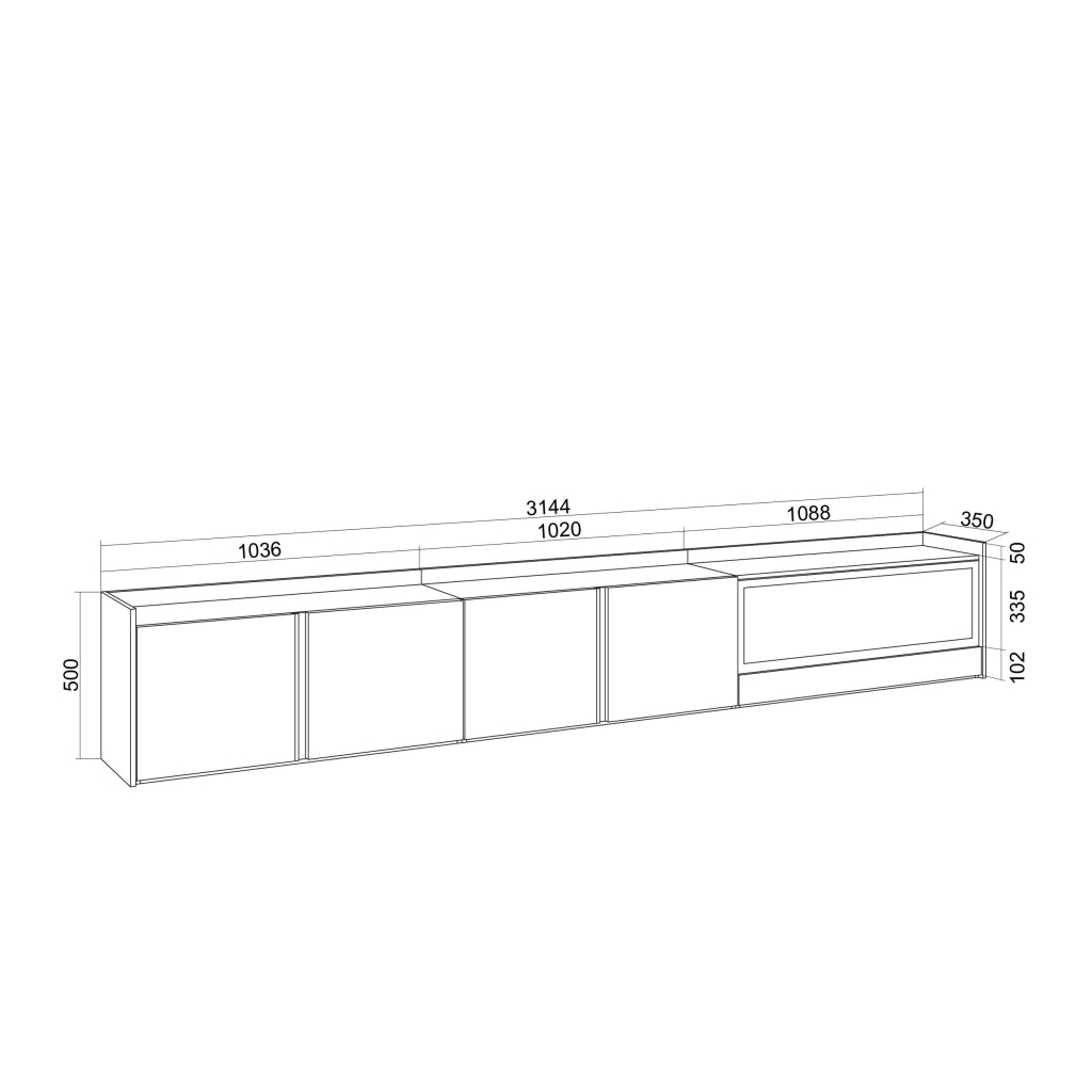 Mobile TV Soggiorno, 315x50x35 cm, Per TV fino a 80", Camino elettrico XXL, LED, Bianco e Rovere soft