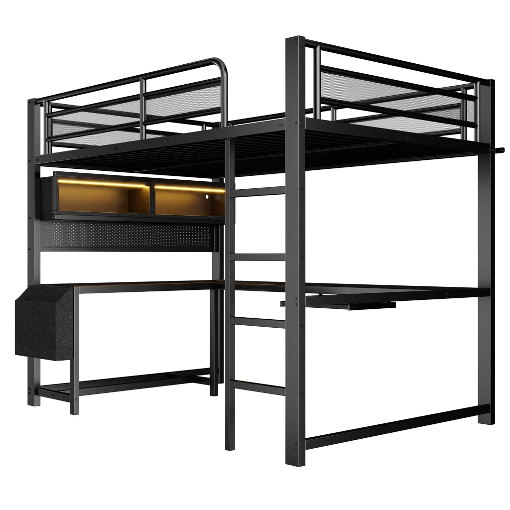 Letto a soppalco gaming 140x200 con scrivania, LED e struttura nera