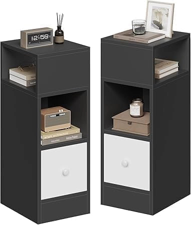 Set di 2 Comodino Stretto, Comodino con 2 Scomparti a Giorno e Cassetto, Tavolino da Notte 25x30x66cm, Mobile Salvaspazio per Camera da Letto, Soggiorno, in Truciolato, Rovere, 0010CTG-2