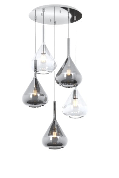 SOSPENSIONE CROMO 5 LUCI TONDA VETRI 2X TR + 3X FU 1177CR-S5 T-TF