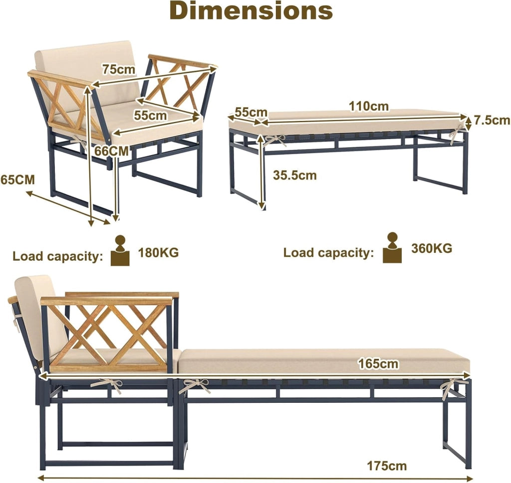 Sedia a sdraio da giardino con cuscino, lettino da esterno 2 in 1, 1 poltrona + 1 panchina, carico totale 180+360 kg, bagno di sole, design ergonomico, 175 x 55 x 66 cm, per terrazza e