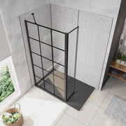 Box Doccia Parete Fissa 80x200cm con Paraspruzzo 30cm Vetro 8 mm Temperato Anticalcare Serigrafia Riquadri Neri Barra Stabilizzatrice 45 cm