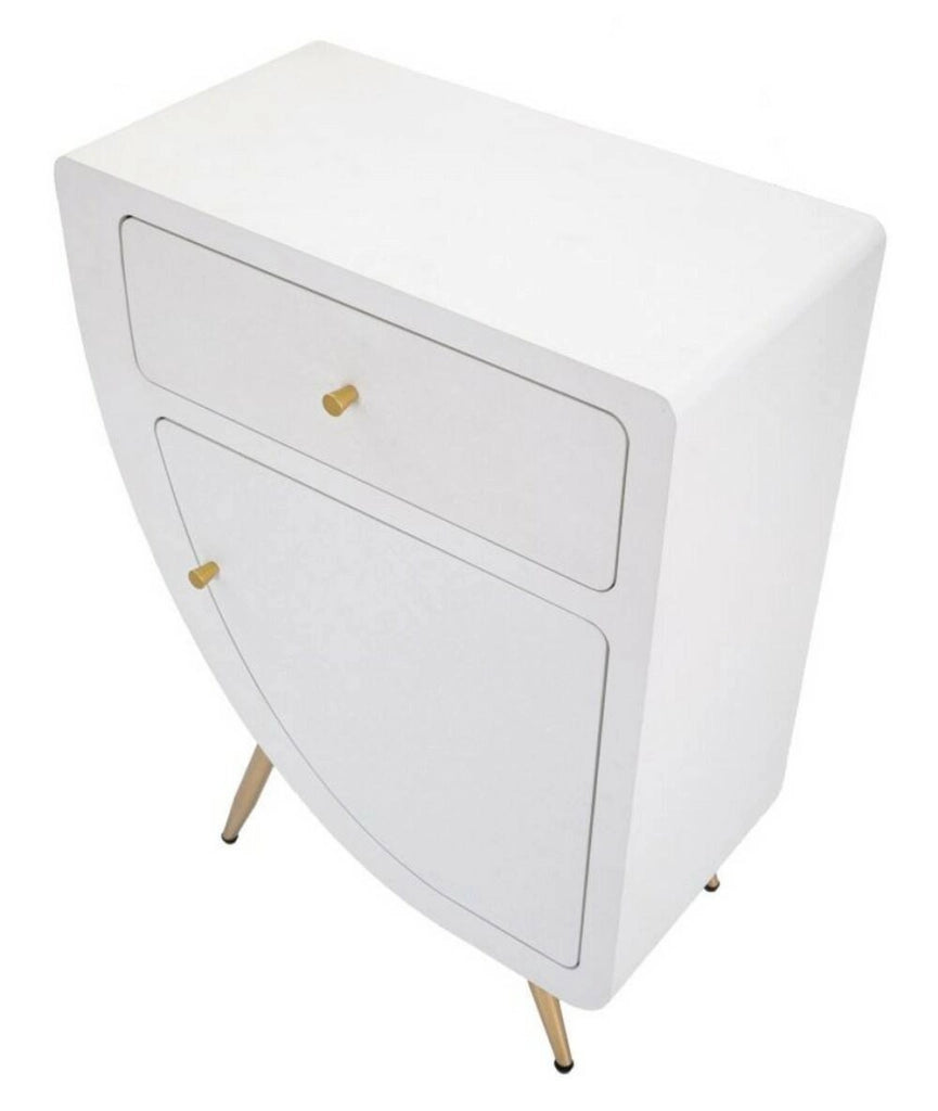 Comodino Suze, Comò basso, Tavolino da notte, Mensola da letto, Bianco e Oro, 60x32 h79 cm