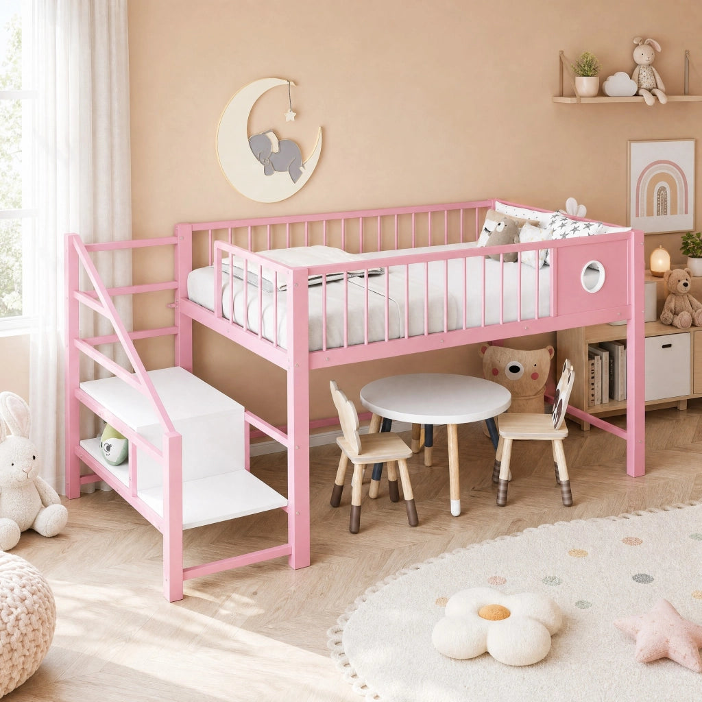 Letto a castello basso per bambini 90x200 cm in metallo con scala contenitiva; rosa