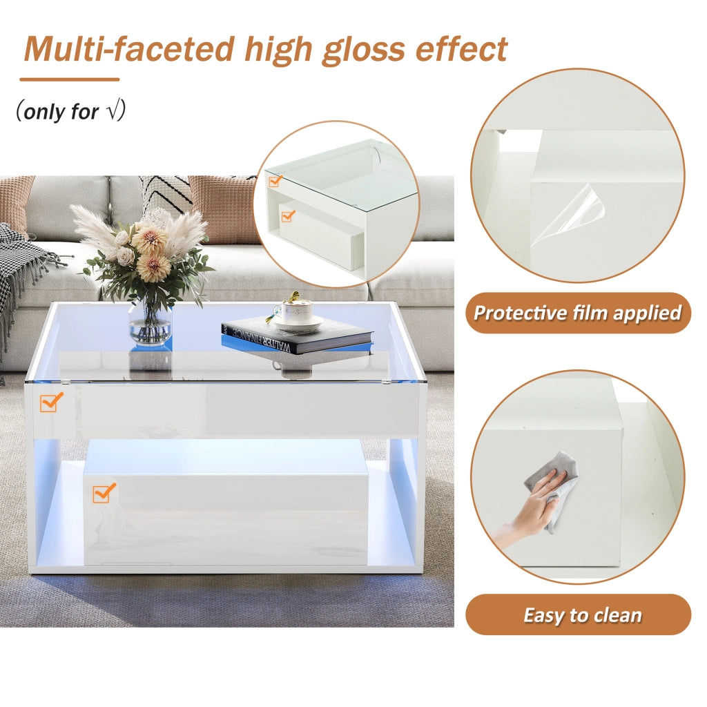 Tavolino da caffè con 2 cassetti e LED - per soggiorno - 70x70x35 cm - bianco
