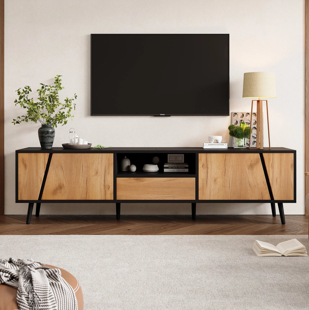 Mobile TV 180x40x46 cm nero e legno con 2 ante, cassetto e vani aperti