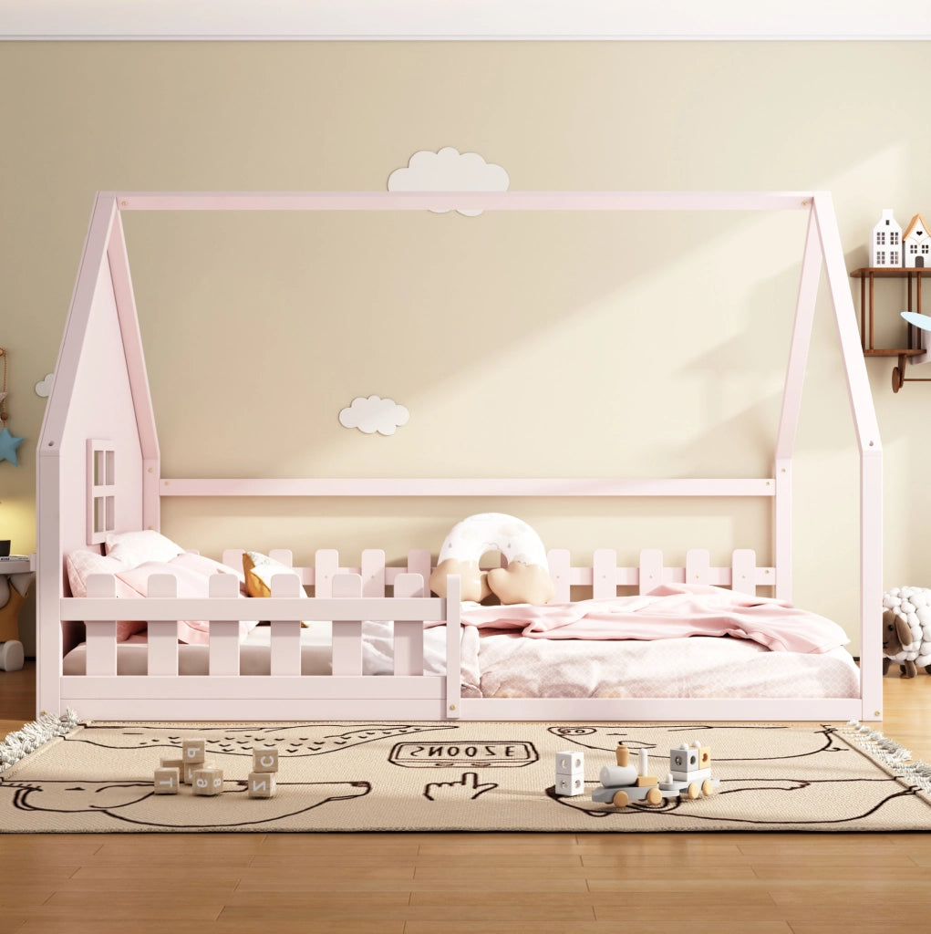 Letto per bambini a forma di casa 140x200 cm, rosa, con sponde