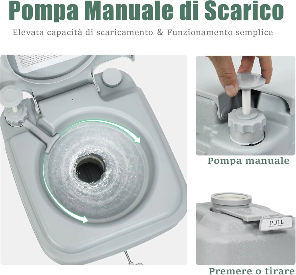 WC Portatile 20L, Bagno Chimico con 2 Serbatoi Rimovibili, Coperchio Anti-Odore, Maniglia, Carico Massimo 150 KG, Toilette Portatile per Campeggio, Viaggi, Auto, 36 X 42 X 43 CM (Grigio)