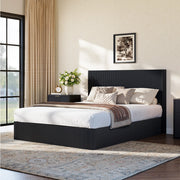 Letto contenitore 160 × 200 cm con sollevamento idraulico, grande vano, testiera a rilievo, senza materasso, nero