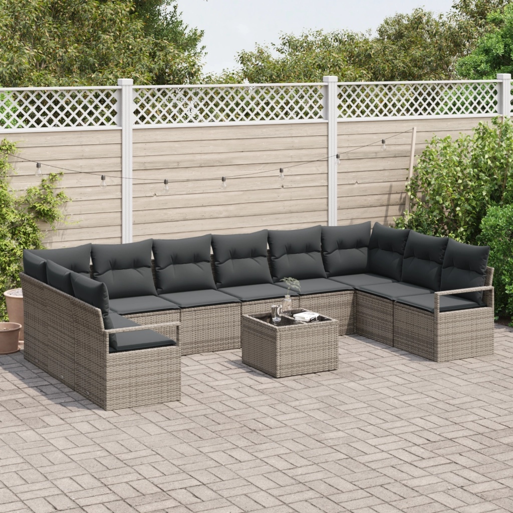Set da Giardino  in 10 Pezzi con Cuscini Polyrattan Nero
