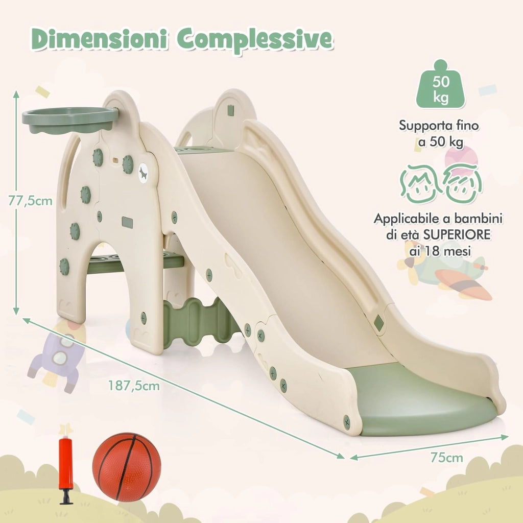 Scivolo per Bambini Forma di Elefante, 4 in 1 Scivolo con Canestro da Basket e Pallone, Scalini Antiscivolo, Set di Giocattoli Scivolo per Bambini 18 Mesi+(Verde)