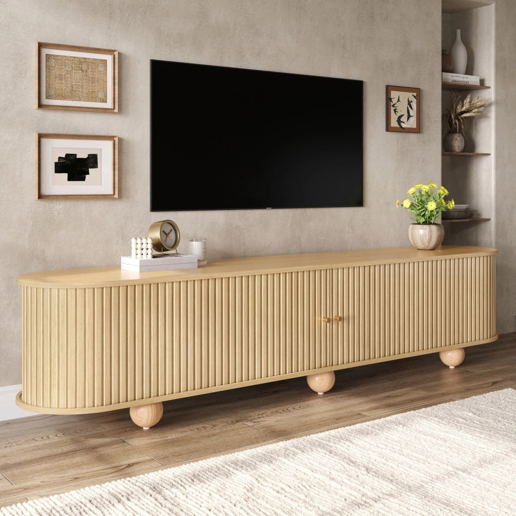 Mobile porta TV con 2 ante scorrevoli e 4 vani, stile retrò, per soggiorno, in MDF, naturale, 180 × 35 × 45 cm