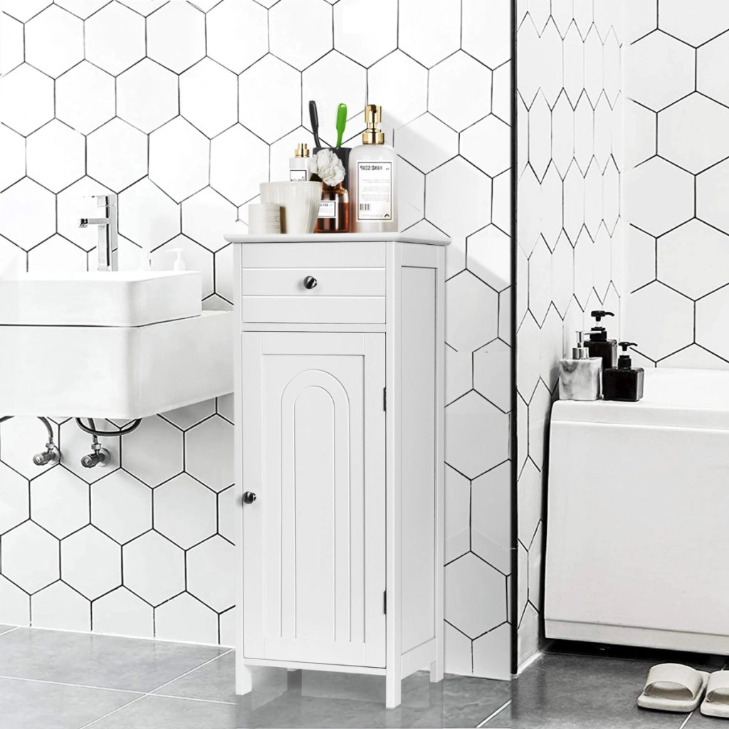 Armadio del bagno con anta singolae e 2 mensole regolabili, Organizer verticale per bagno e salone Bianco