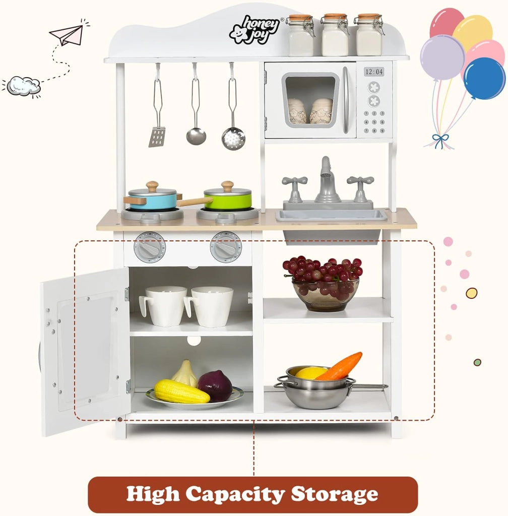Cucina d'imitazione per bambini 3+ anni, giocattolo da cucina in legno con fornello, forno, forno a microonde e lavandino, accessori variegati forniti, ideale regalo educativo per feste,