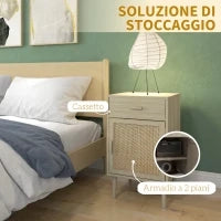Set 2 Comodini per Camera da Letto con Cassetto e Anta in Rattan Stile Boho, Colore Legno