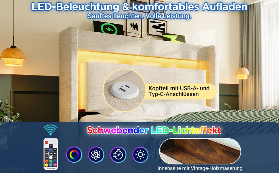 Letto Imbottito Contenitore 90x200 con LED, USB, Testiera e Materasso ¨C MINIMAL ¨C Beige Lino
