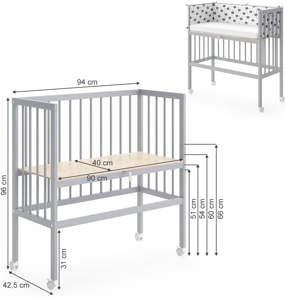 Letto matrimoniale Sophie, Grigio, 94 x 42.5 cm 1 binario laterale, regolabile in altezza con ruote per un facile posizionamento