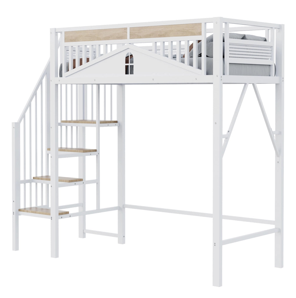 Letto a soppalco 90x200 cm con scala di sicurezza; metallo e legno