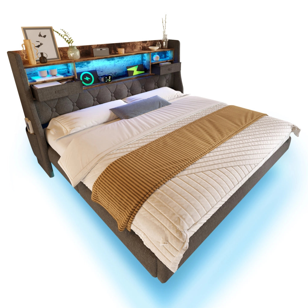 Letto matrimoniale 140x190 cm con LED e porta USB C; testiera con contenitore e rete a doghe; lino grigio