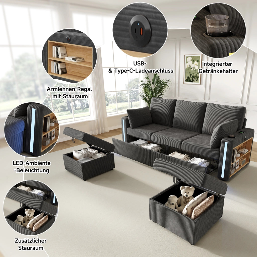 Canapé modulaire in velluto a coste con 2 pouf contenitore, LED, USB e tipo C, portabicchieri grigio 190 × 130 cm