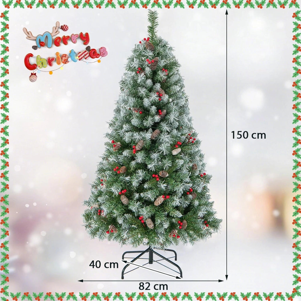 Albero di Natale Artificiale 150/195 cm, Albero di Natale con Luci LED e 8 Modalità di Illuminazione, Christmas Tree con Pigne e Bacche Rosse, Supporto in Metallo, per Casa, Negozio (S)