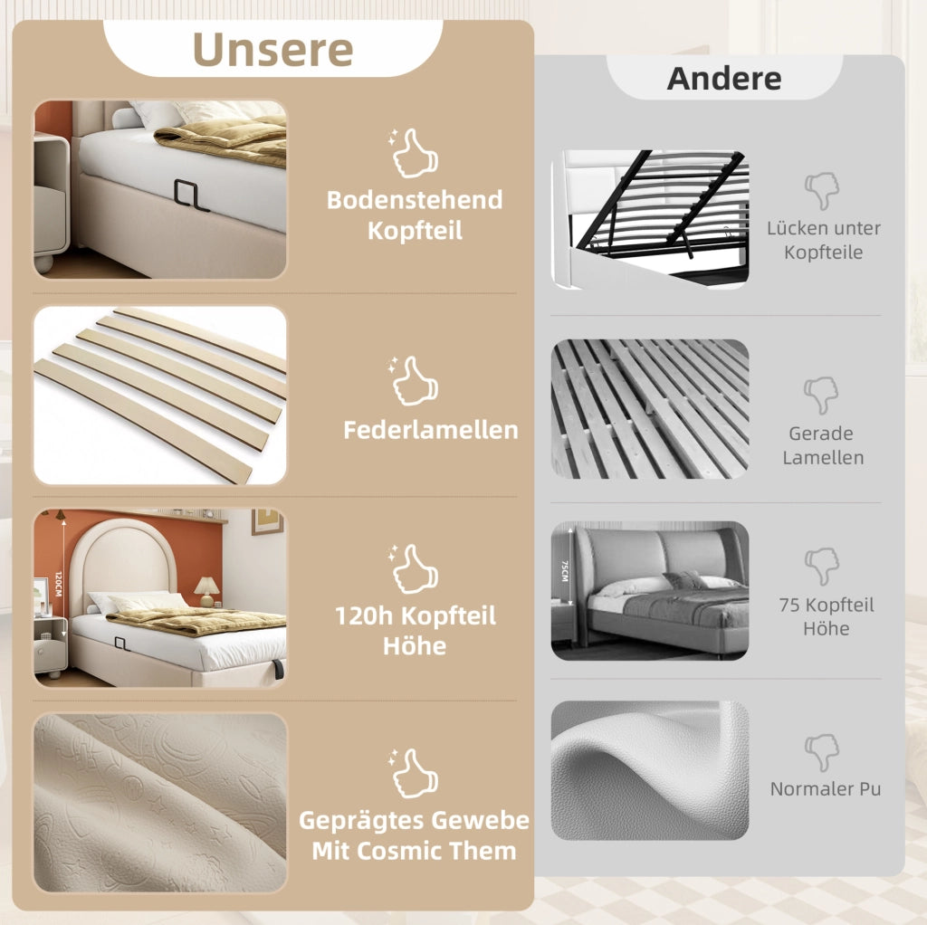 Letto singolo imbottito per bambini 90x200 cm beige con vano contenitore