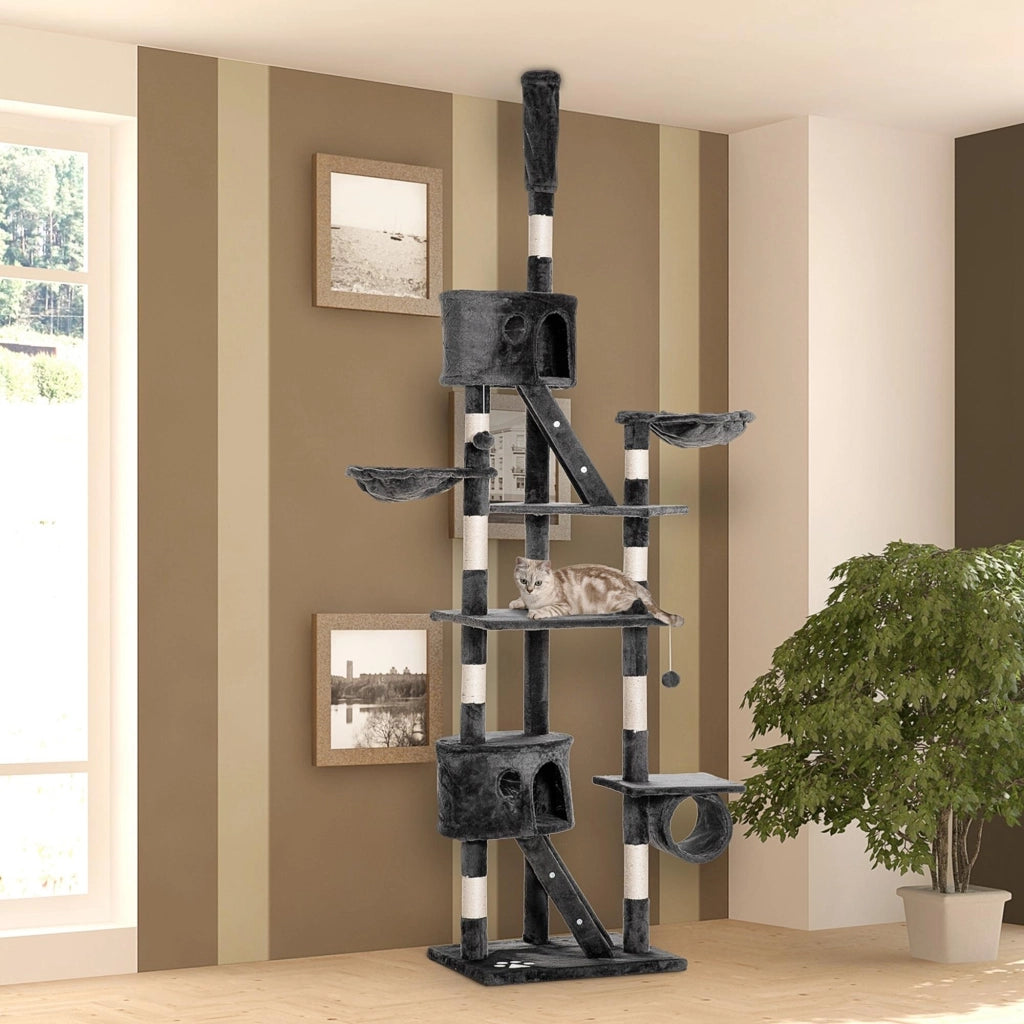 Tiragraffi per gatti fino al soffitto 240-260cm ¨C Xylo ¨C con grotta, amaca, pali sisal, piattaforme, grigio scuro