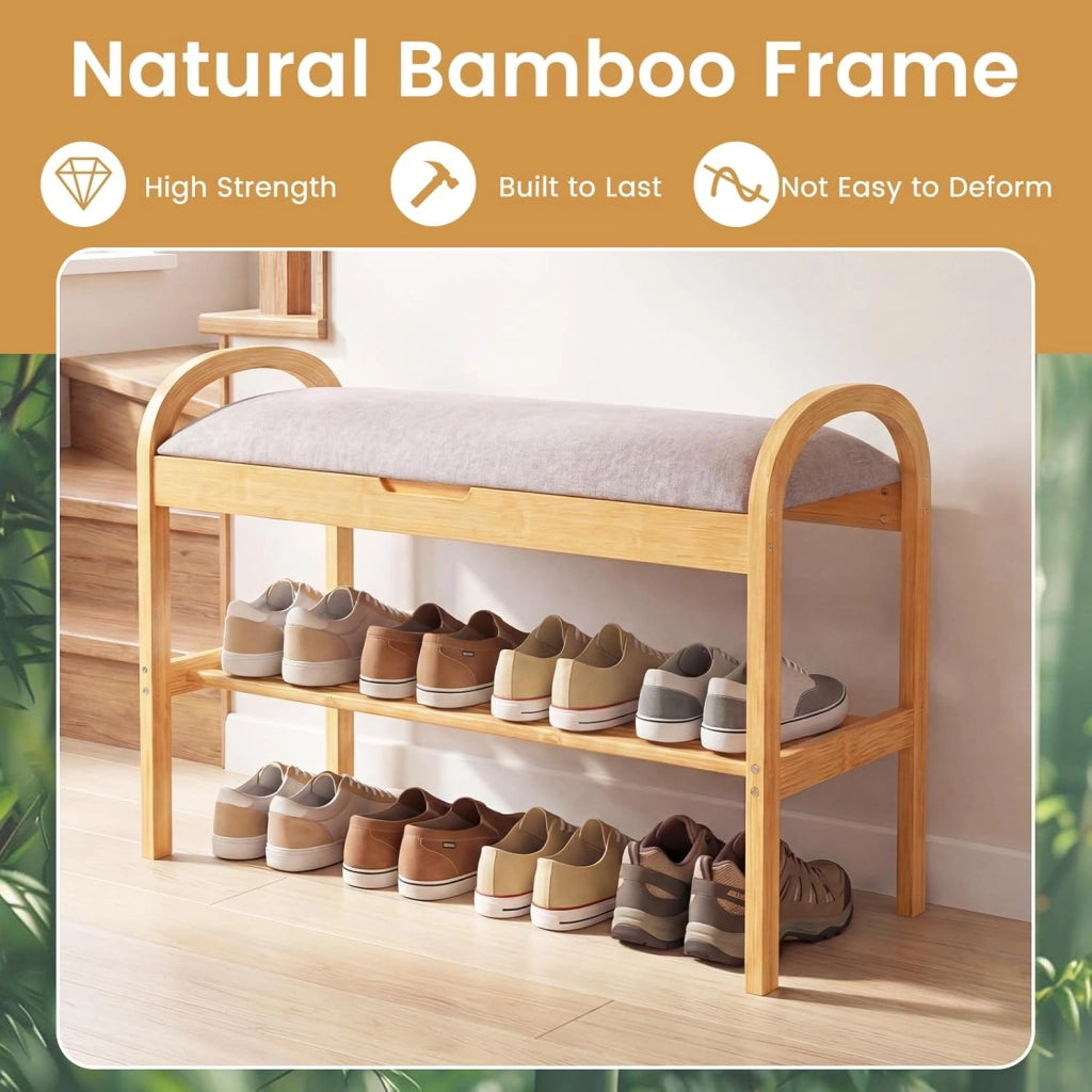Panca Scarpiera da Ingresso con Contenitore, Panca Imbottita Porta Scarpe in Legno Bambù 2 Livelli, per Corridoio, Camera da Letto e Soggiorno, Carico 150 kg, 70 x 30 x 51 cm