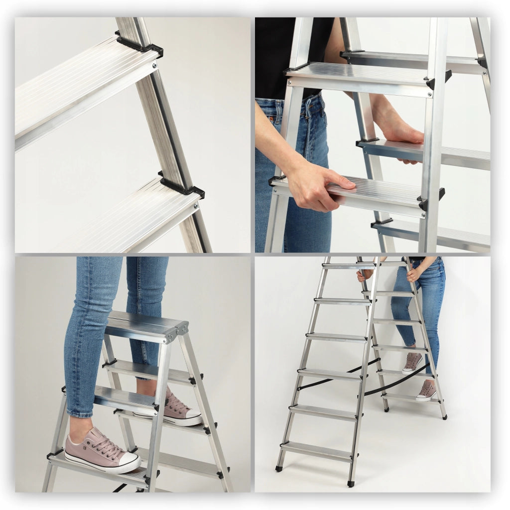 Scala domestica in alluminio KADAX a 8 gradini, pieghevole a doppia faccia, portata massima 125 kg.