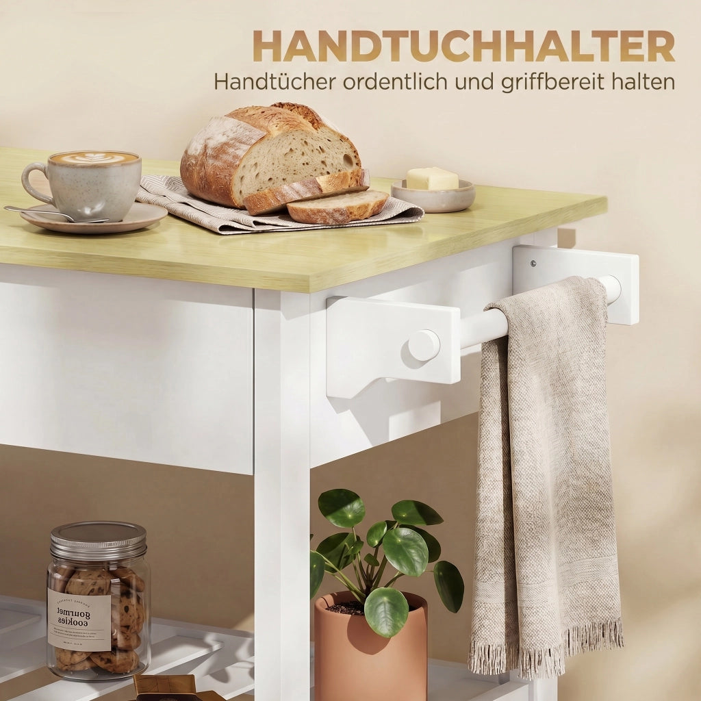 Carrello da Cucina con Cassetto e Ripiani Aperti ¨C Xylo ¨C Bianco con Portasciugamani