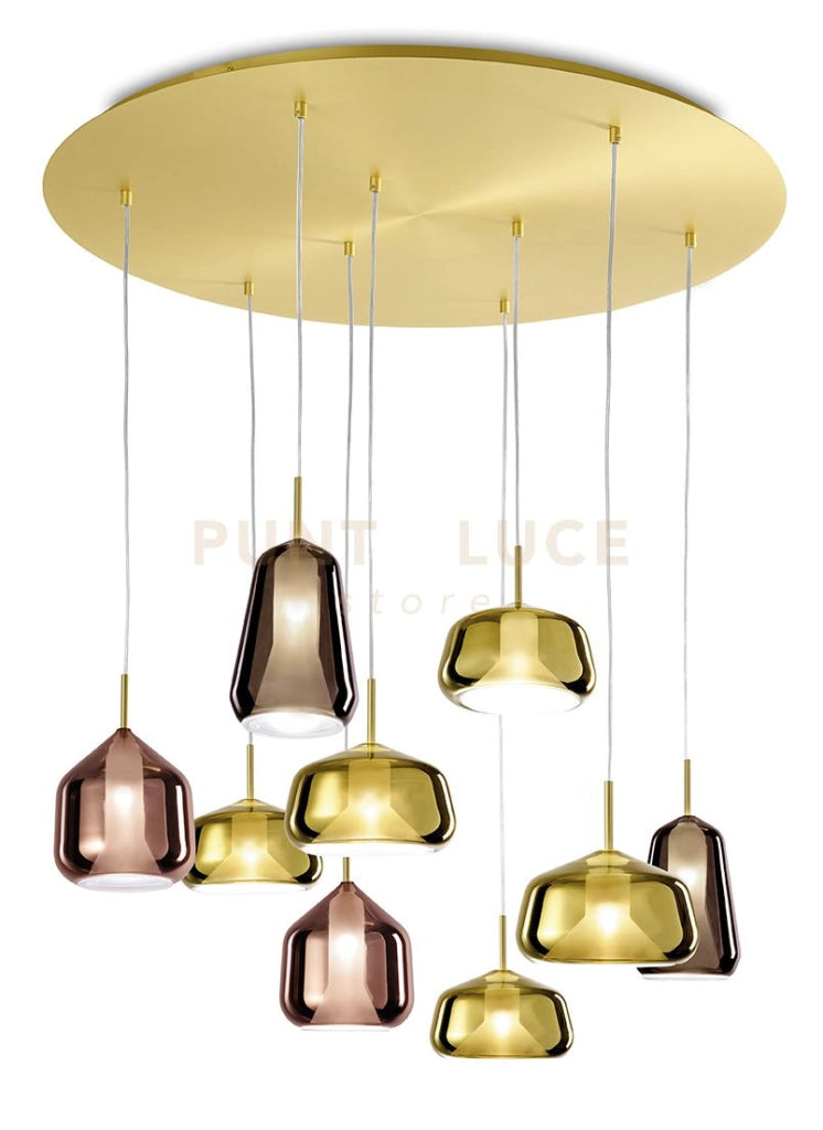 X-RAY SOSPENSIONE RETTANGOLARE 9 LUCI VETRI 2 BRONZO, 2 RAME, 5 ORO  MONTATURA ORO ATTACCO G9
