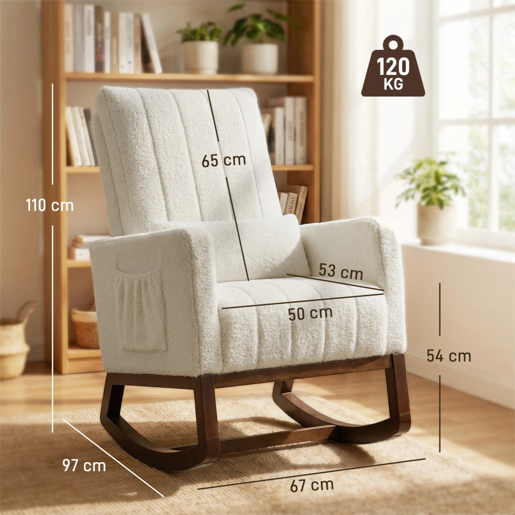 Poltrona a Dondolo in Flanella ¨C Zephmum ¨C Imbottita, Cuscino Lombo, Tasche Laterali, Crema